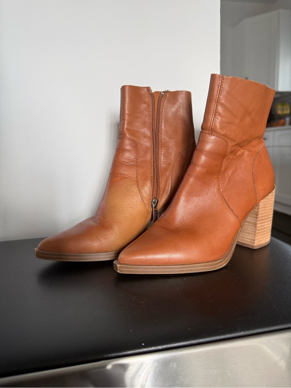 Steve Madden Tan Leather Pointed Toe Block Heel Booties